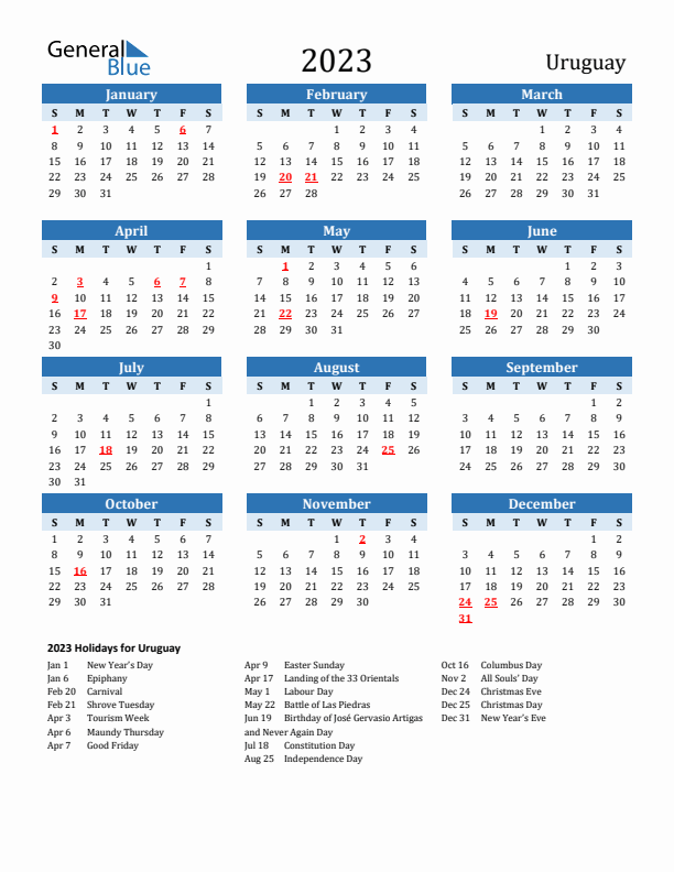 Printable Calendar 2023 with Uruguay Holidays (Sunday Start)