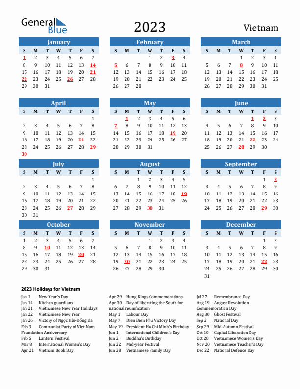 Printable Calendar 2023 with Vietnam Holidays (Sunday Start)