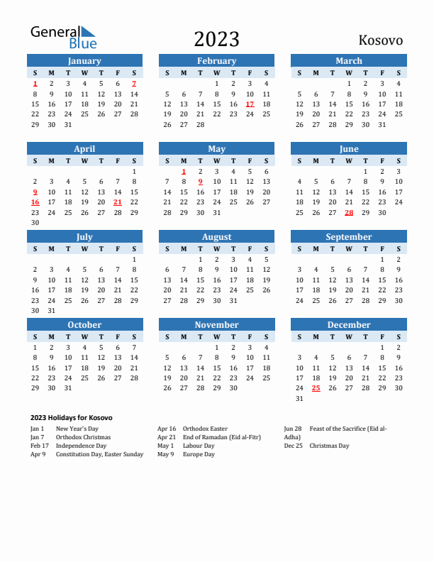 Printable Calendar 2023 with Kosovo Holidays (Sunday Start)
