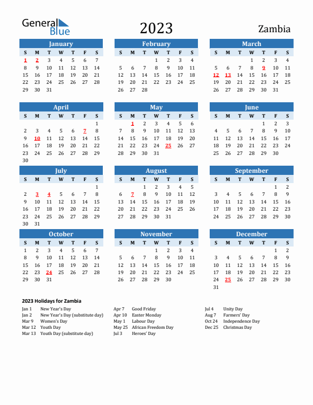 Printable Calendar 2023 with Zambia Holidays (Sunday Start)
