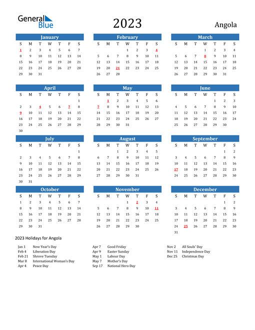 Angola 2023 Calendar with Holidays