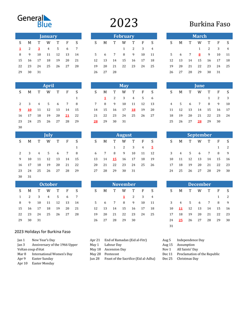 Burkina Faso 2023 Calendar with Holidays