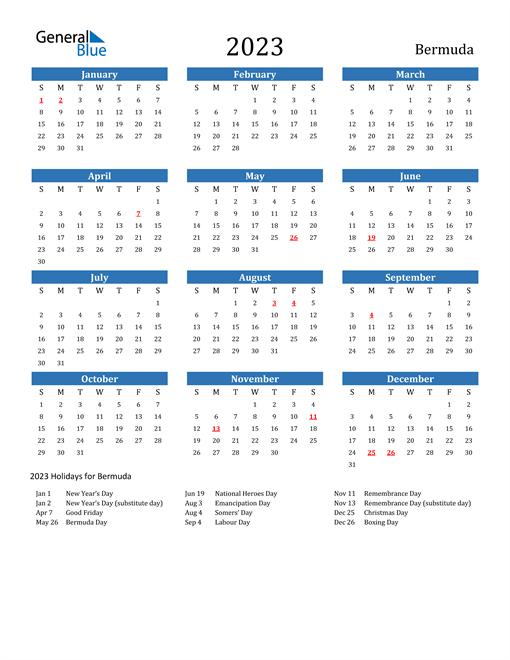 2023 Calendar with Bermuda Holidays