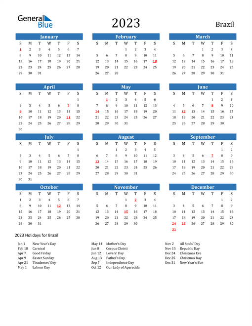 2023 Calendar with Brazil Holidays