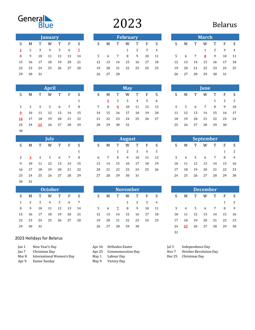 2023 Calendar with Belarus Holidays