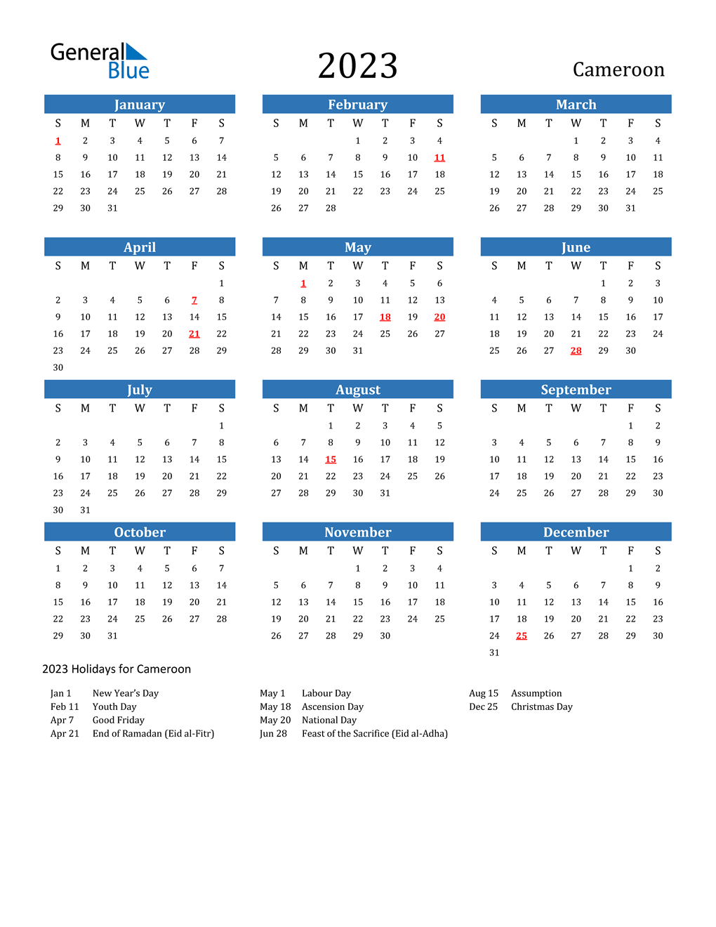 2023 cameroon calendar with holidays