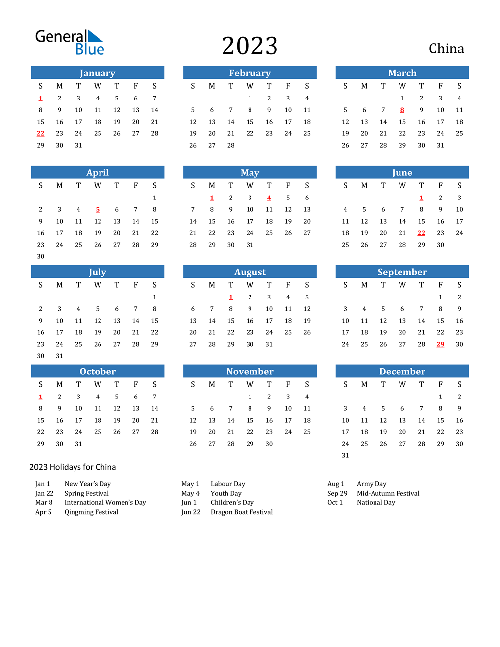 2023 China Calendar with Holidays
