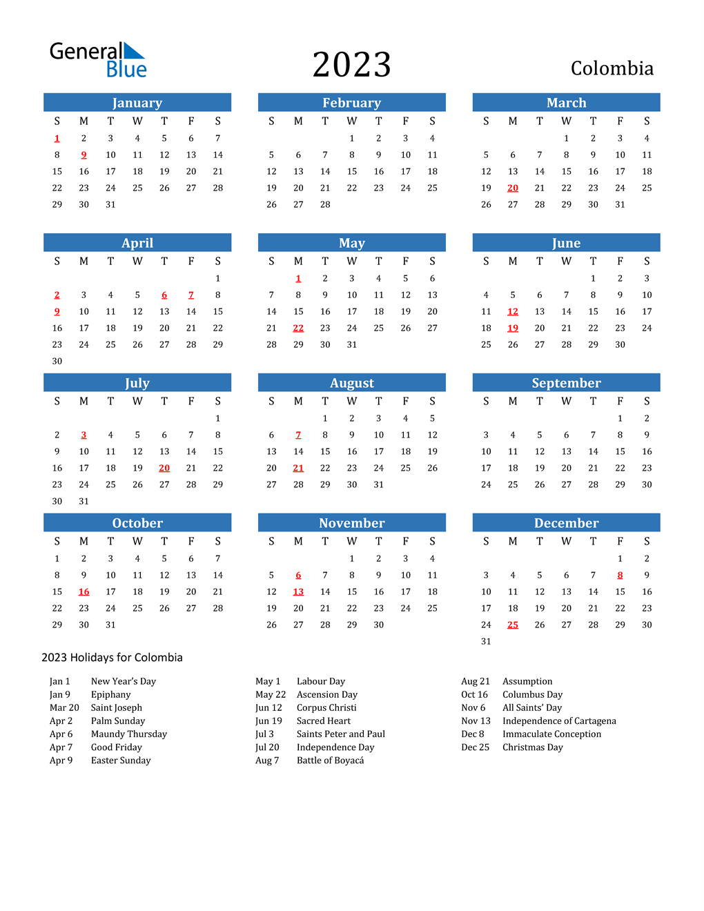 Colombia 2023 Calendar with Holidays