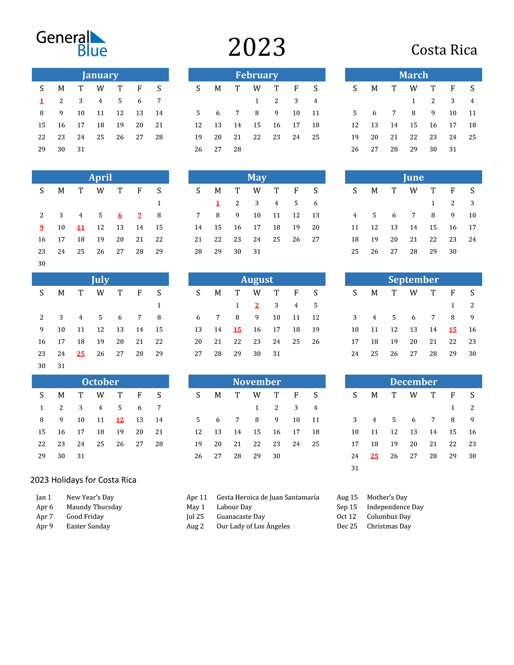 2023 Costa Rica Calendar with Holidays
