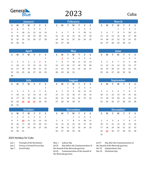 Cuba Calendars with Holidays