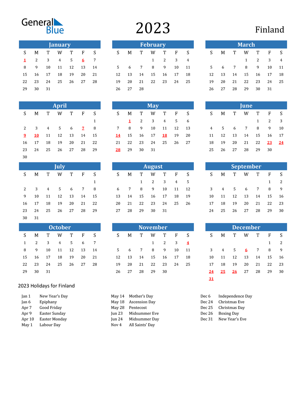 2023 Finland Calendar with Holidays