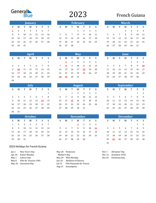 2023 French Guiana Calendar With Holidays