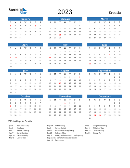 2023 Calendar with Croatia Holidays