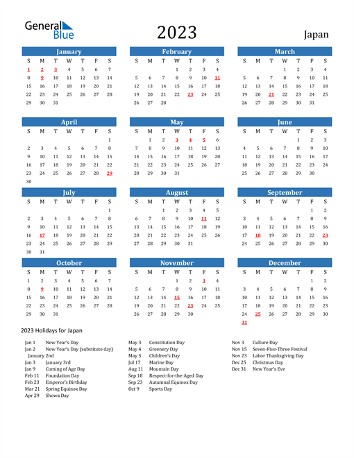 2023 Japan Calendar With Holidays