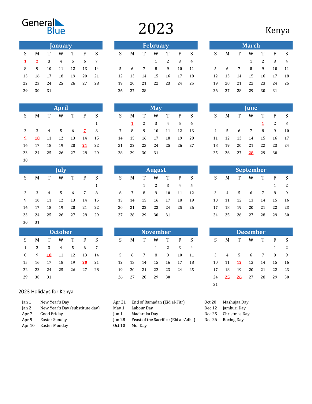 2023 Calendar With Holidays Mauritius 2023 Kenya Calendar With Holidays