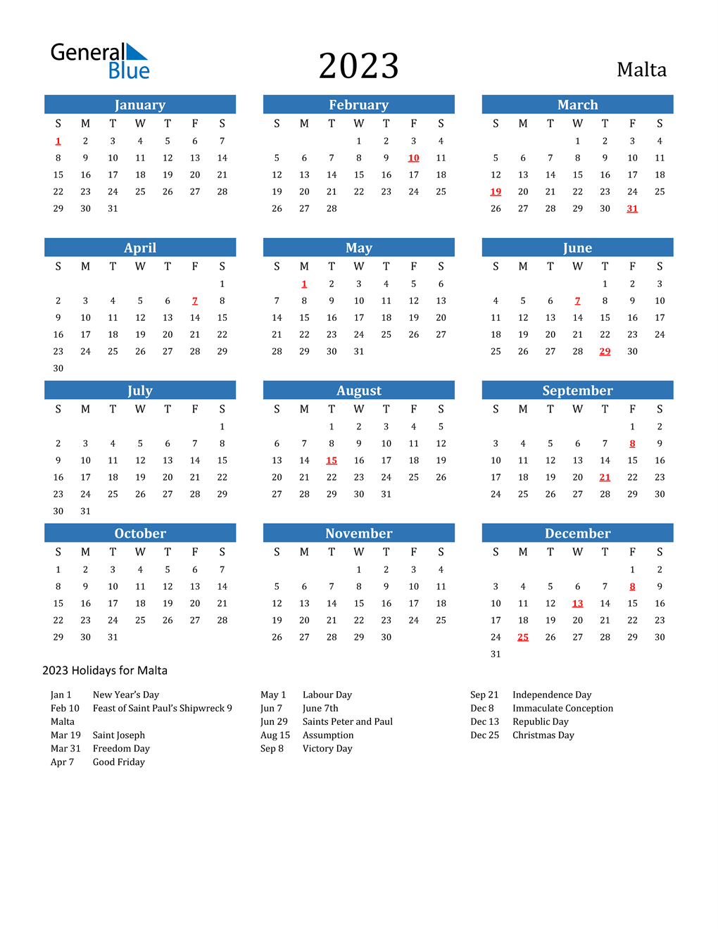 2023 Calendar Showing Public Holidays 2023 Malta Calendar With Holidays