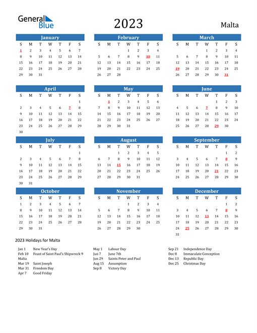 2023 Calendar with Malta Holidays