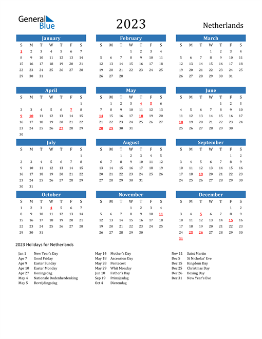 2023 Calendar with Netherlands Holidays