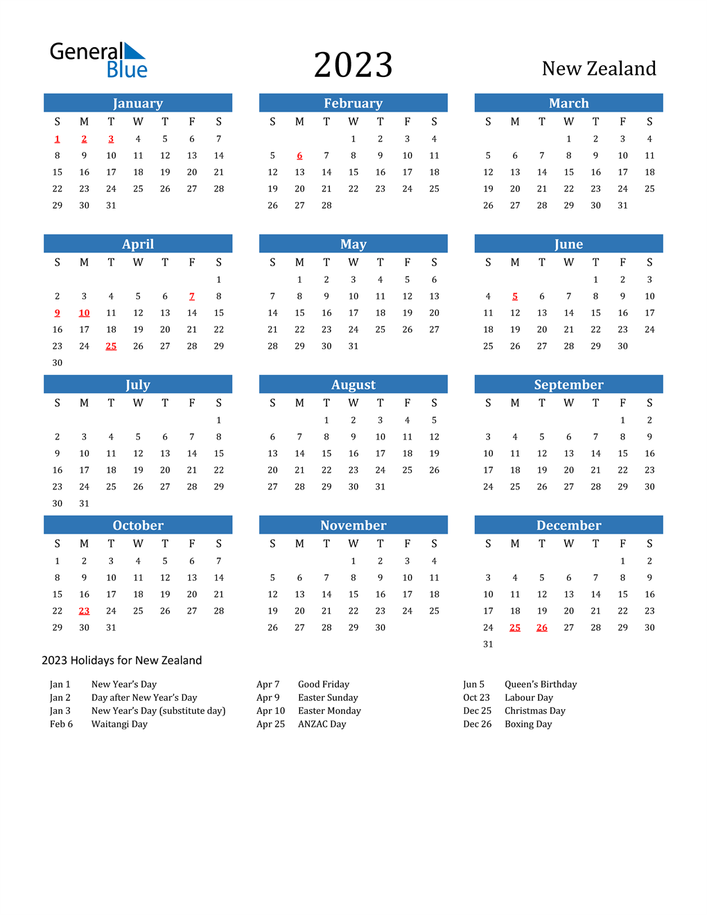Free Printable 2023 Calendar With Holidays Nz