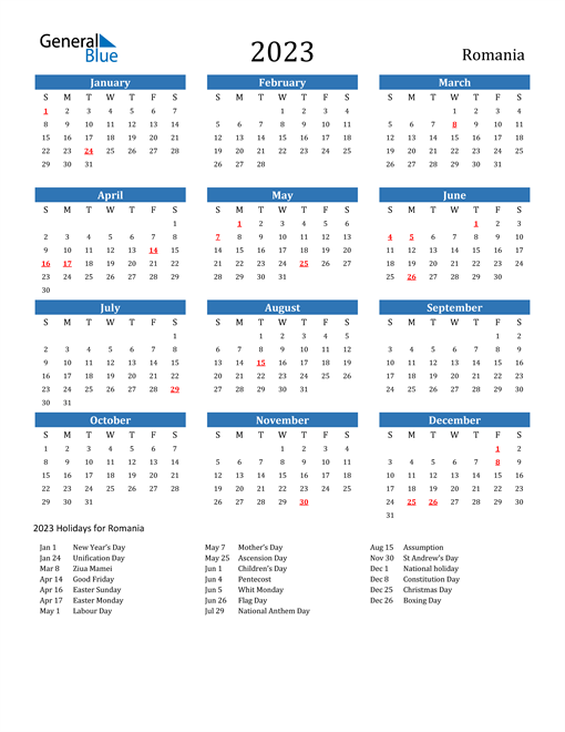 Romania Calendars with Holidays