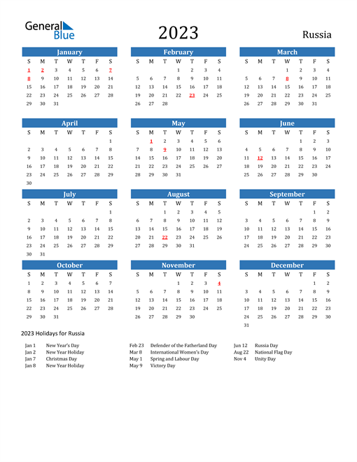 2023 Russia Calendar with Holidays