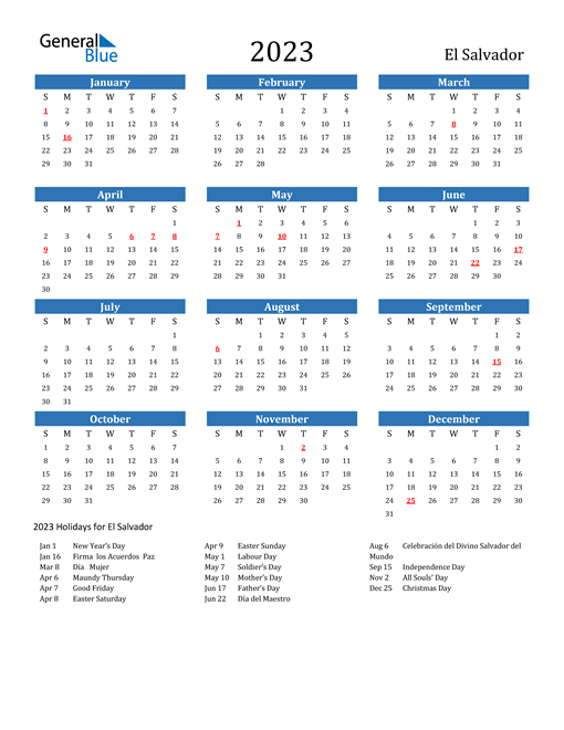 2023 Calendar with El Salvador Holidays