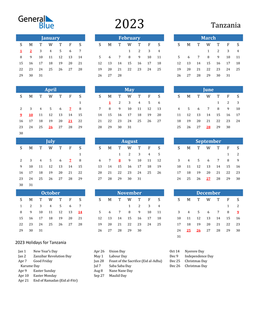 2023 Calendar With Holidays Marked 2023 Tanzania Calendar With Holidays