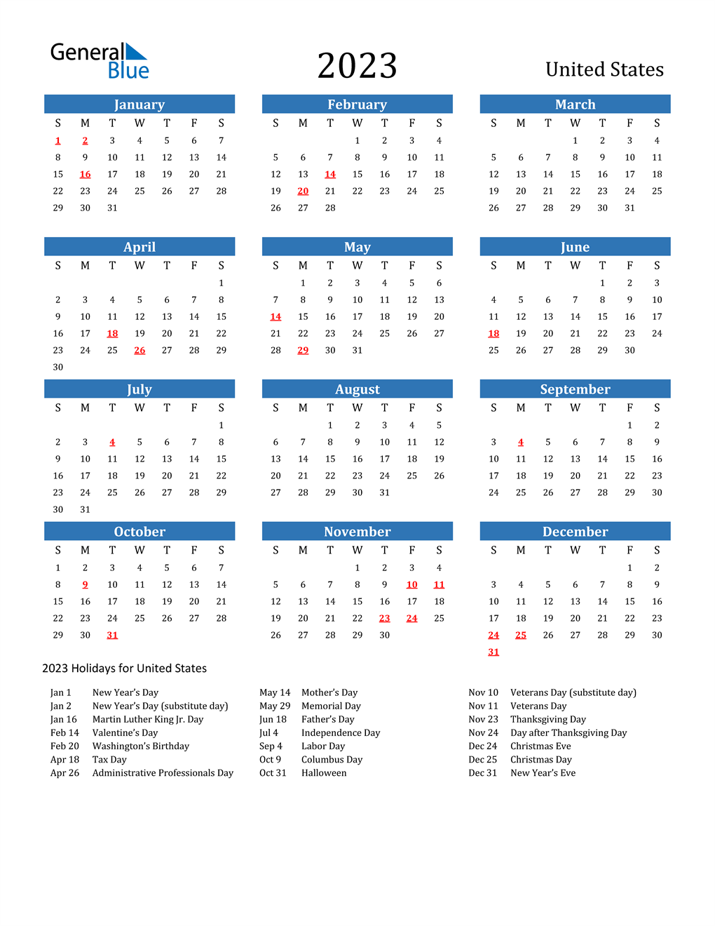 2023 United States Calendar with Holidays
