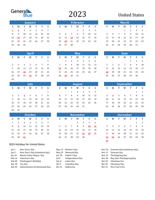 2023 Calendar with United States Holidays