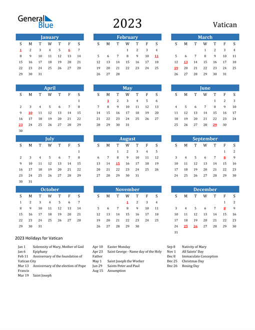 2023 Vatican Calendar with Holidays