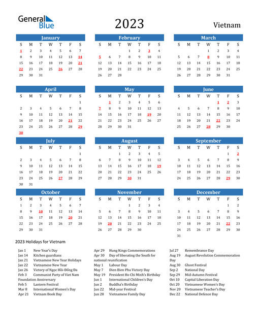 Vietnam Calendars with Holidays