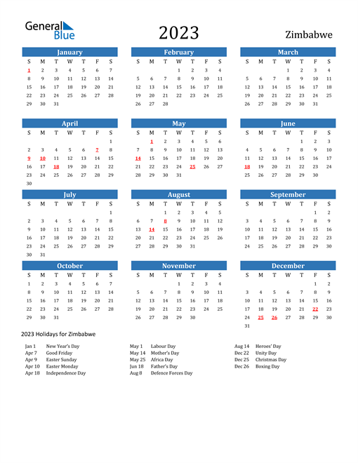 2023 Calendar with Zimbabwe Holidays