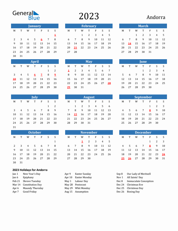 Andorra 2023 Calendar with Holidays