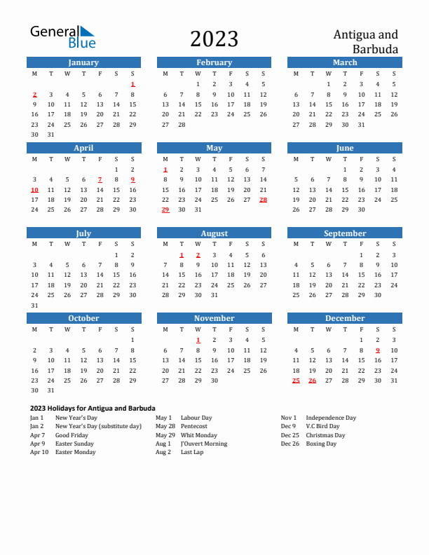 Antigua and Barbuda 2023 Calendar with Holidays