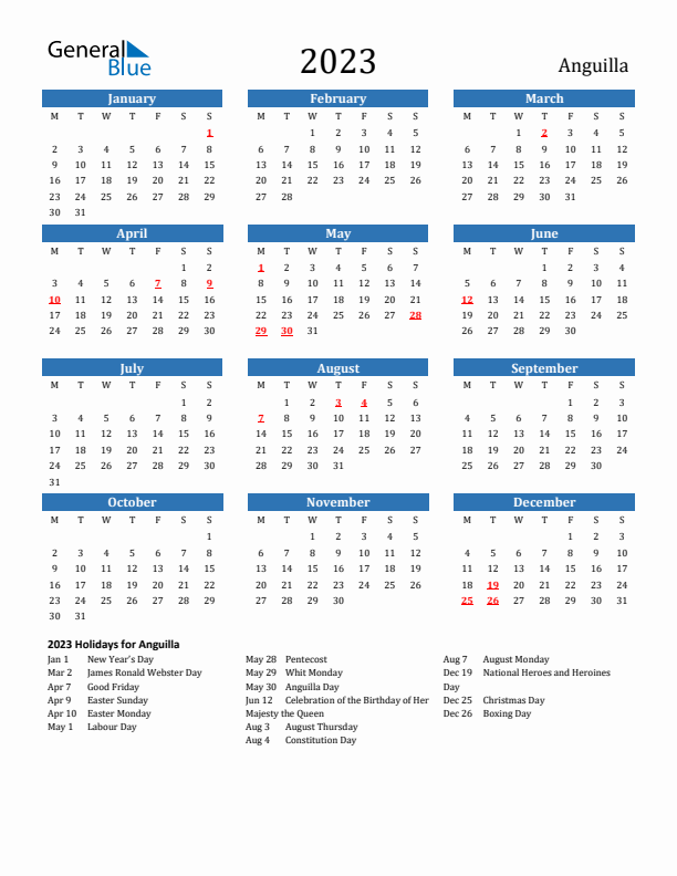 Anguilla 2023 Calendar with Holidays
