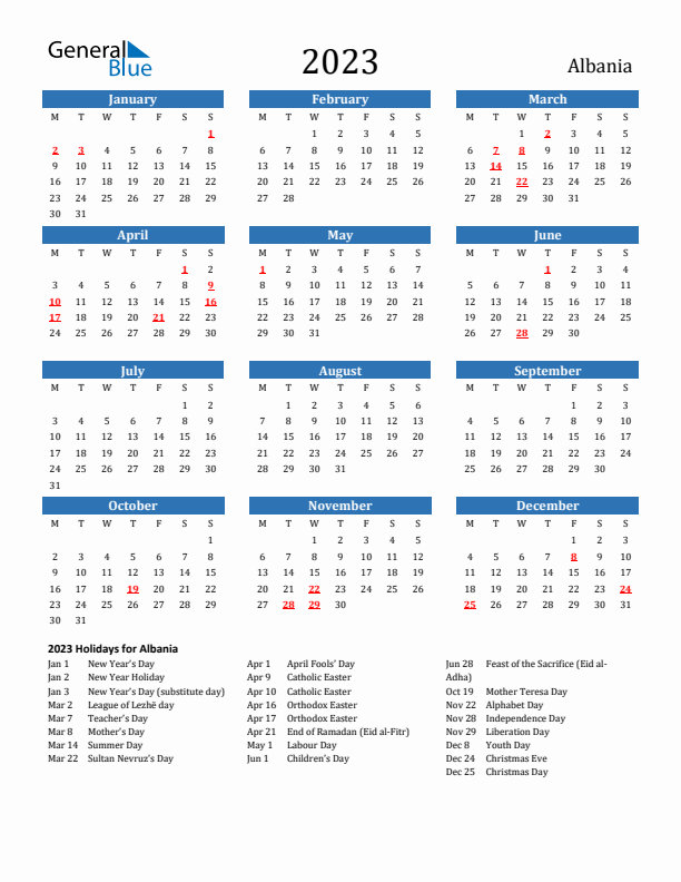 Albania 2023 Calendar with Holidays
