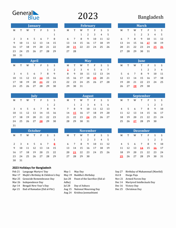 Bangladesh 2023 Calendar with Holidays
