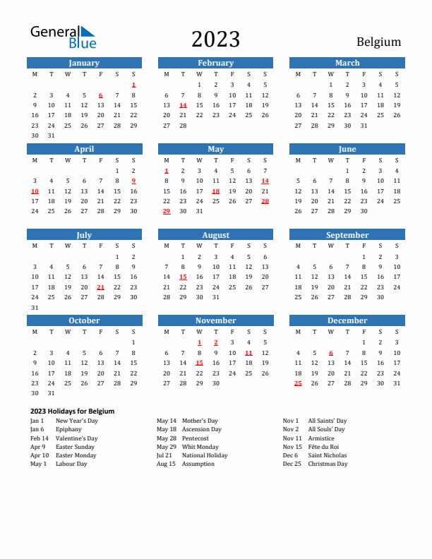 Belgium 2023 Calendar with Holidays