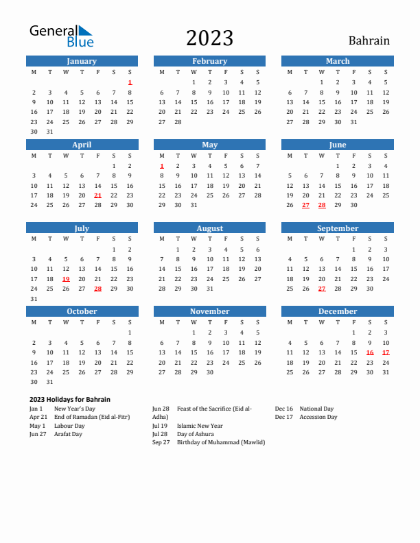 Bahrain 2023 Calendar with Holidays