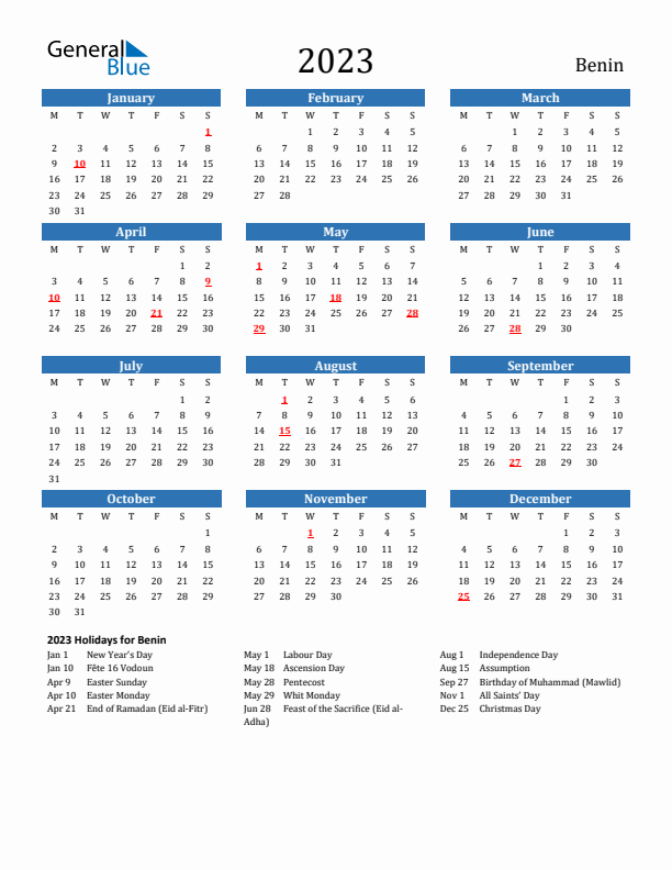 Benin 2023 Calendar with Holidays