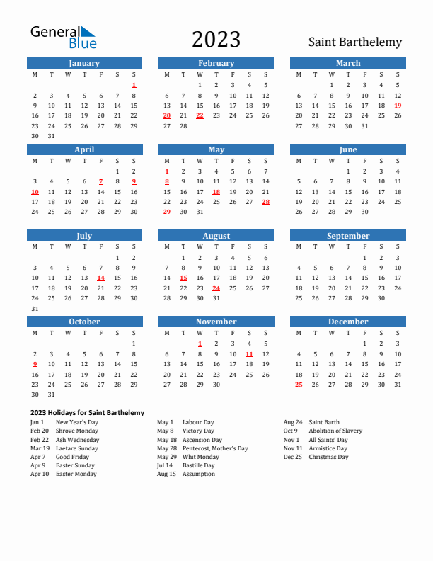 Saint Barthelemy 2023 Calendar with Holidays
