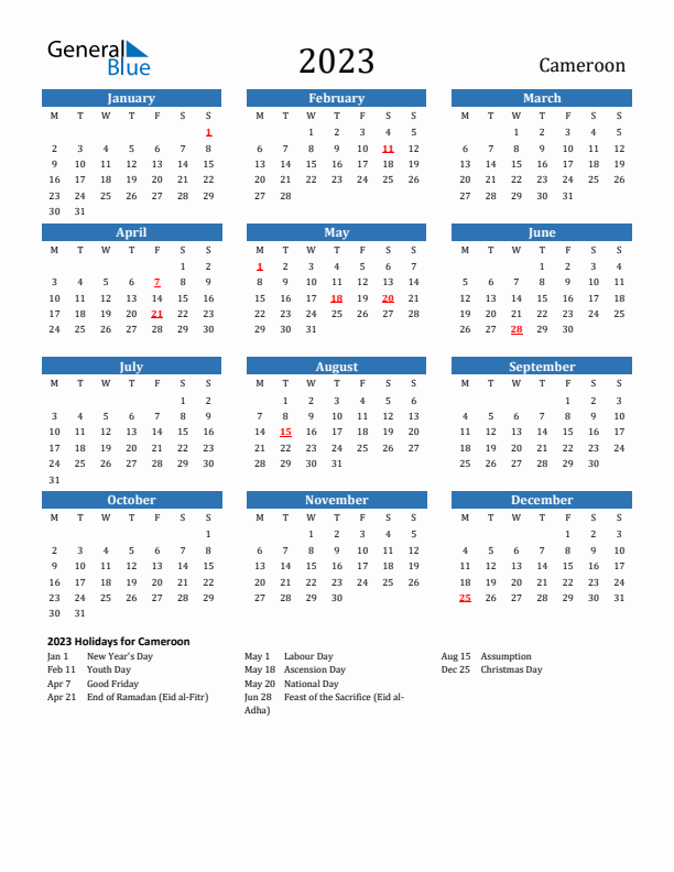 Cameroon 2023 Calendar with Holidays