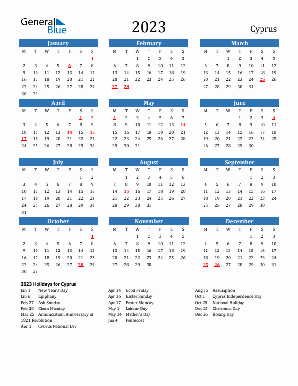 Cyprus 2023 Calendar with Holidays
