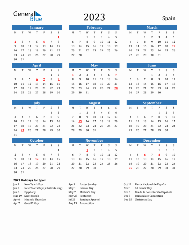 Spain 2023 Calendar with Holidays