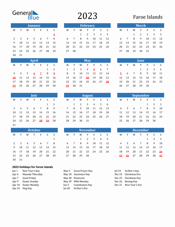 Faroe Islands 2023 Calendar with Holidays
