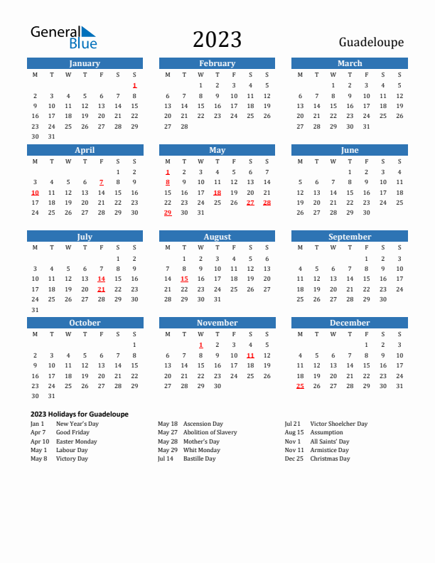 Guadeloupe 2023 Calendar with Holidays