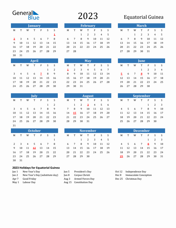 Equatorial Guinea 2023 Calendar with Holidays