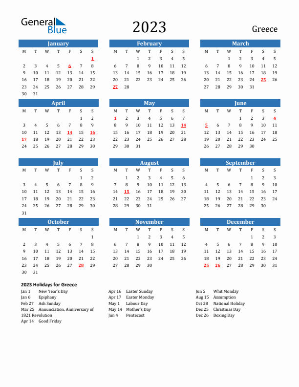 Greece 2023 Calendar with Holidays