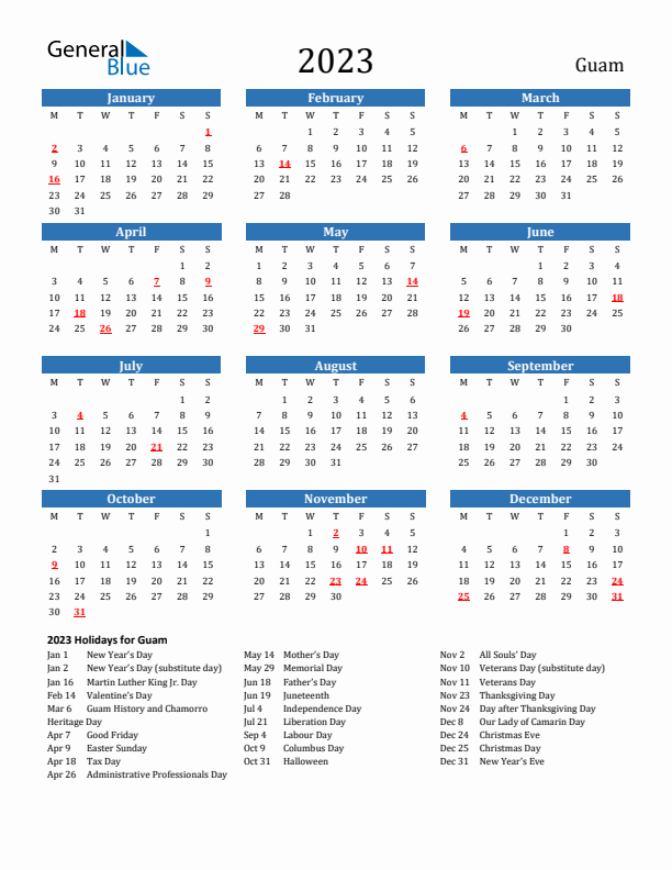 Guam 2023 Calendar with Holidays