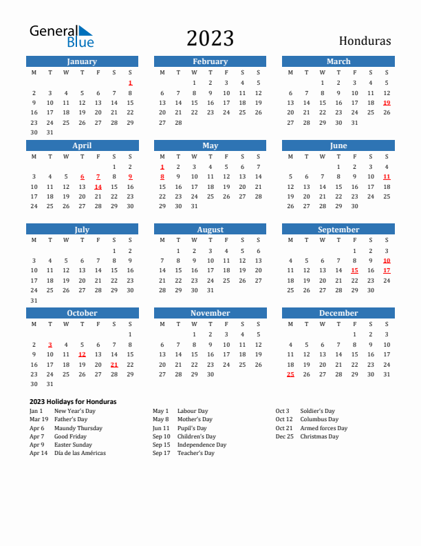 Honduras 2023 Calendar with Holidays